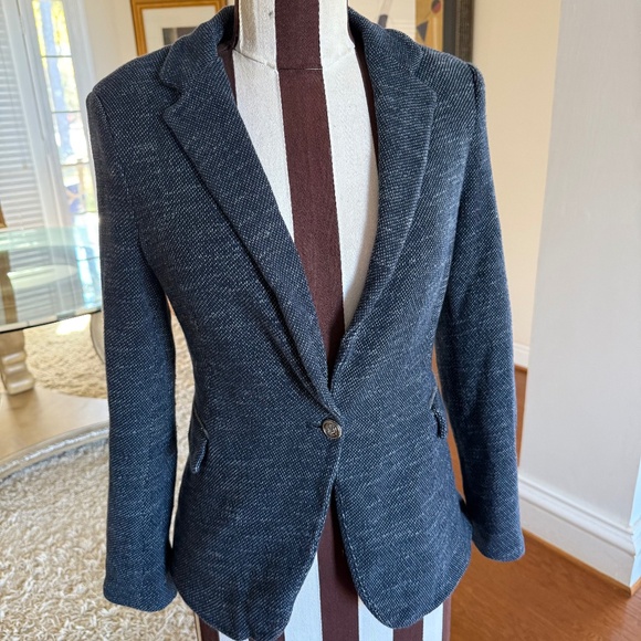 Zara Knit Textured Navy Blazer Star Lining Gray Elbow Patches Size Medium Womens - Picture 2 of 13